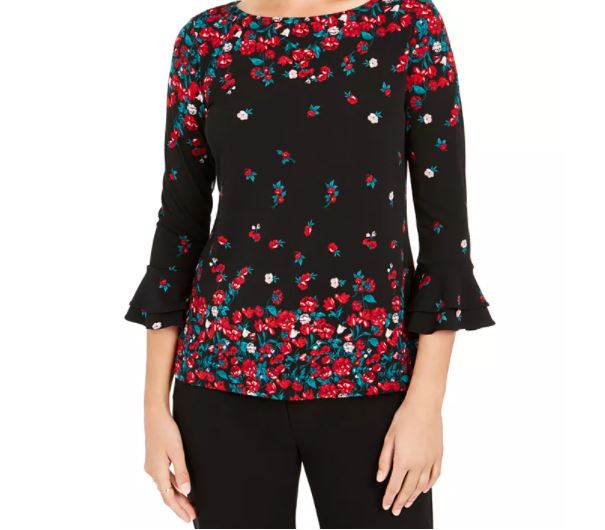 Blusa feminina com estampa floral e manga sino Charter Club, preta, tamanho XX-G