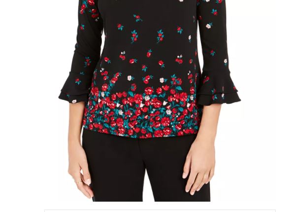 Blusa feminina com estampa floral e manga sino Charter Club, preta, tamanho XX-G