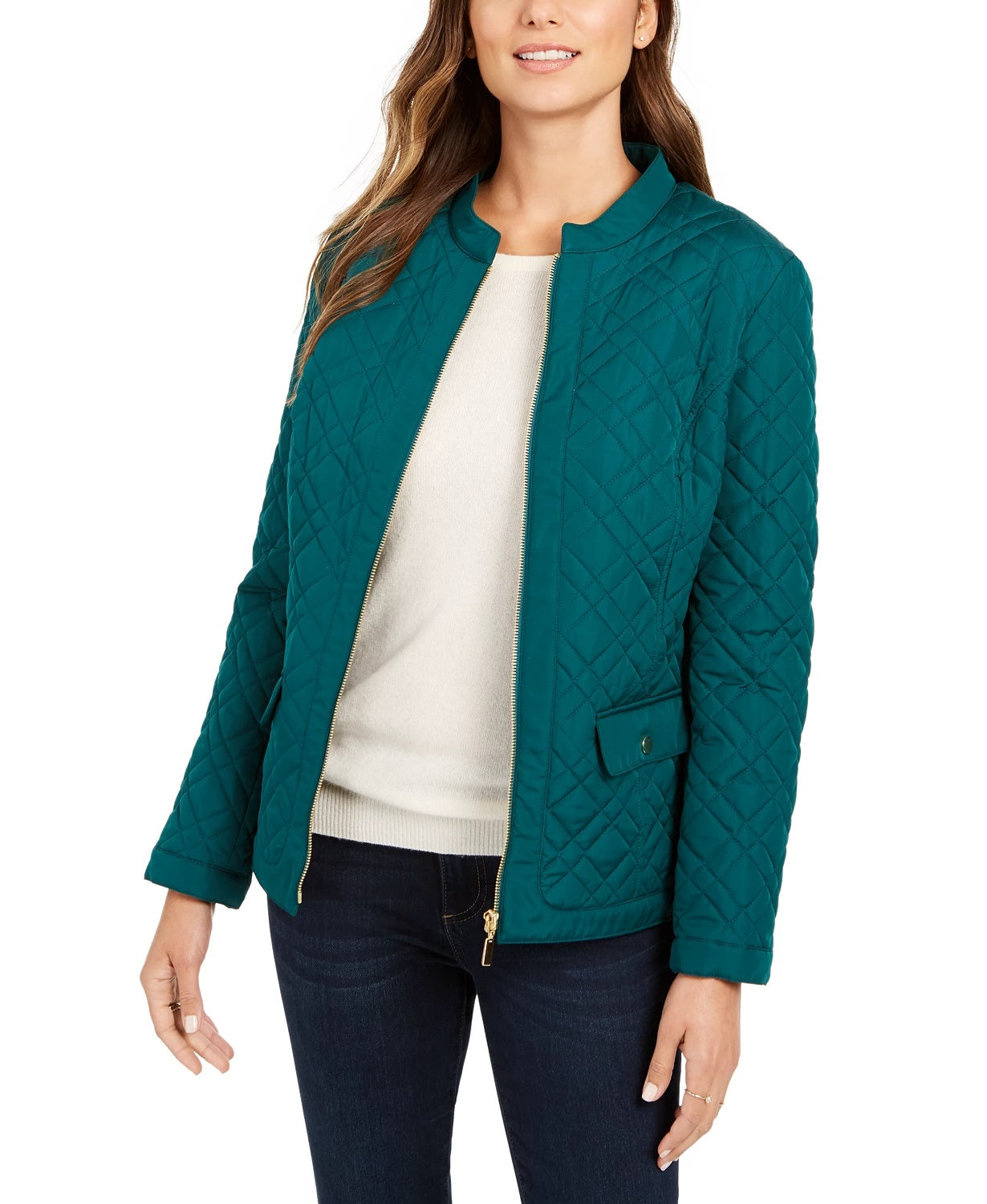 Jaqueta feminina acolchoada com gola mandarim Charter Club, azul, tamanho grande