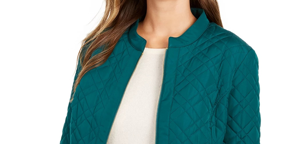 Jaqueta feminina acolchoada com gola mandarim Charter Club, azul, tamanho grande