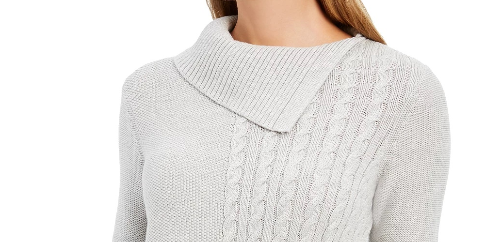 Suéter feminino Charter Club com patchwork e gola assimétrica, cinza, tamanho grande