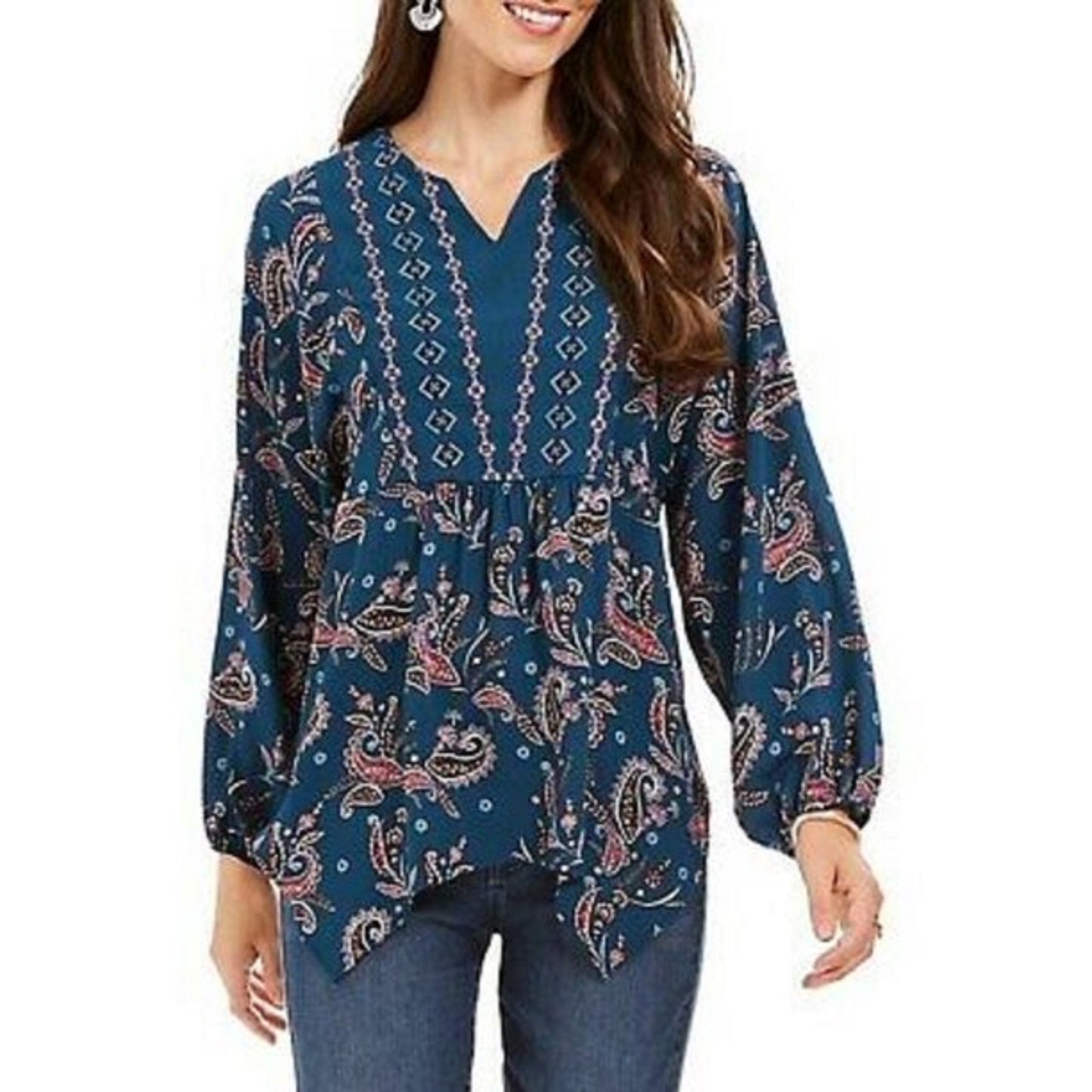 Top feminino estilo camponês com bainha de lenço estampado verde tamanho extra pequeno