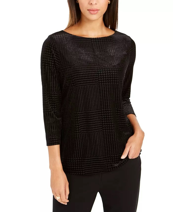 Charter Club Blusa feminina flocada com decote canoa, preta, tamanho pequeno médio
