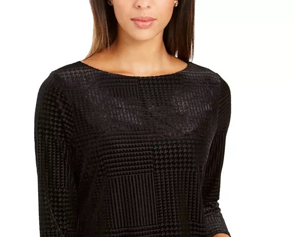 Charter Club Blusa feminina flocada com decote canoa, preta, tamanho pequeno médio