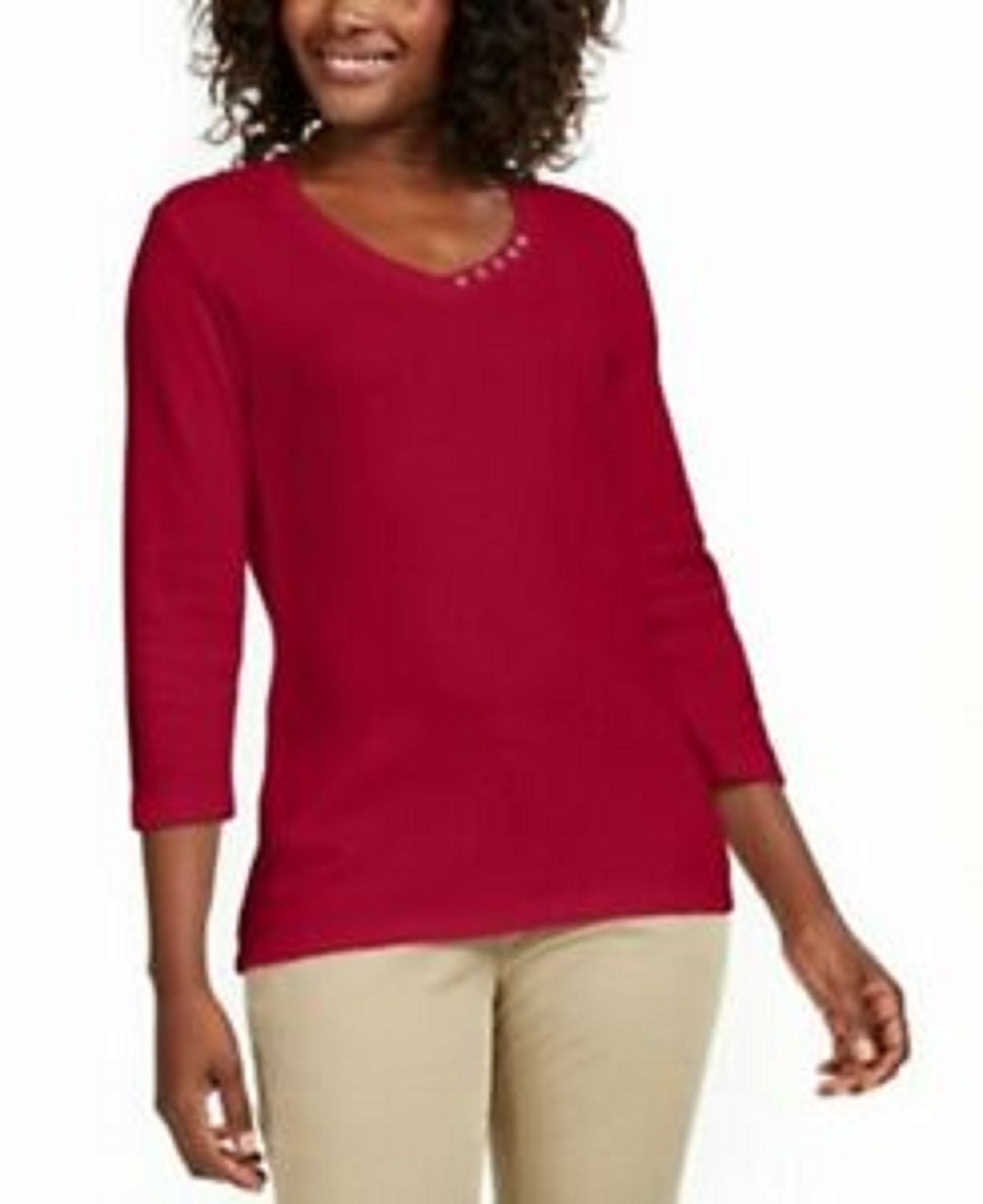 Karen Scott Blusa de algodão com decote em V, feminina, vermelho brilhante, tamanho P