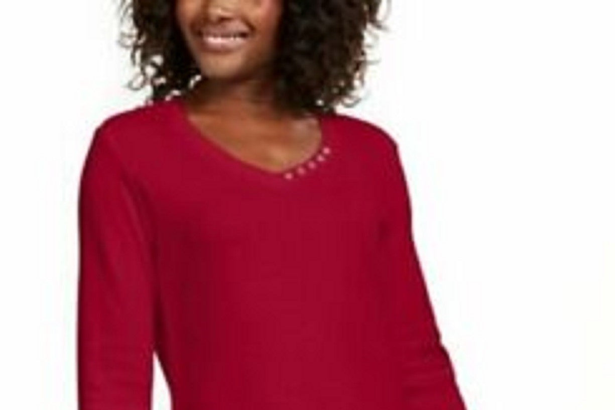 Karen Scott Blusa de algodão com decote em V, feminina, vermelho brilhante, tamanho P
