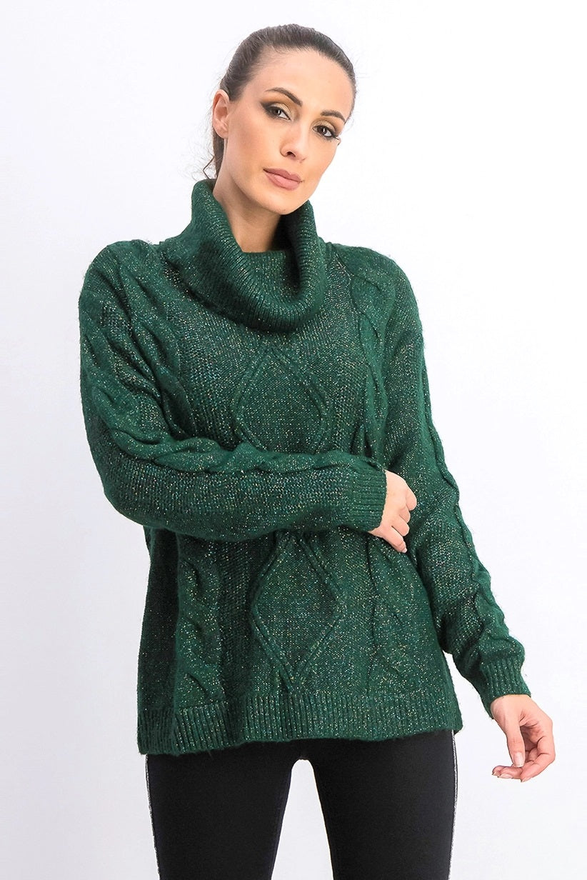Suéter feminino Charter Club com gola alta e tricô trançado com glitter, verde, tamanho grande