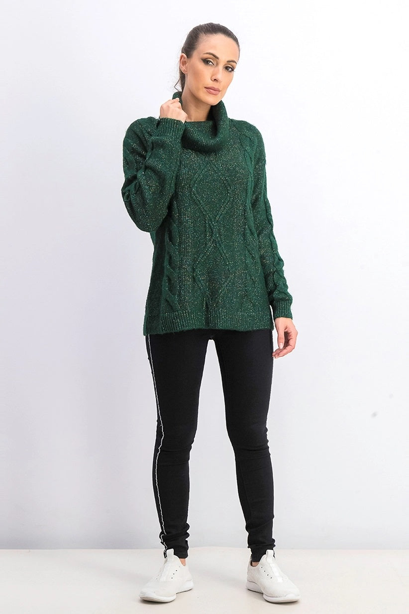 Suéter feminino Charter Club com gola alta e tricô trançado com glitter, verde, tamanho grande
