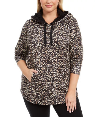 Ideology Women's Plus Printed RoundHem Hoodie Beige khaki Size 3X