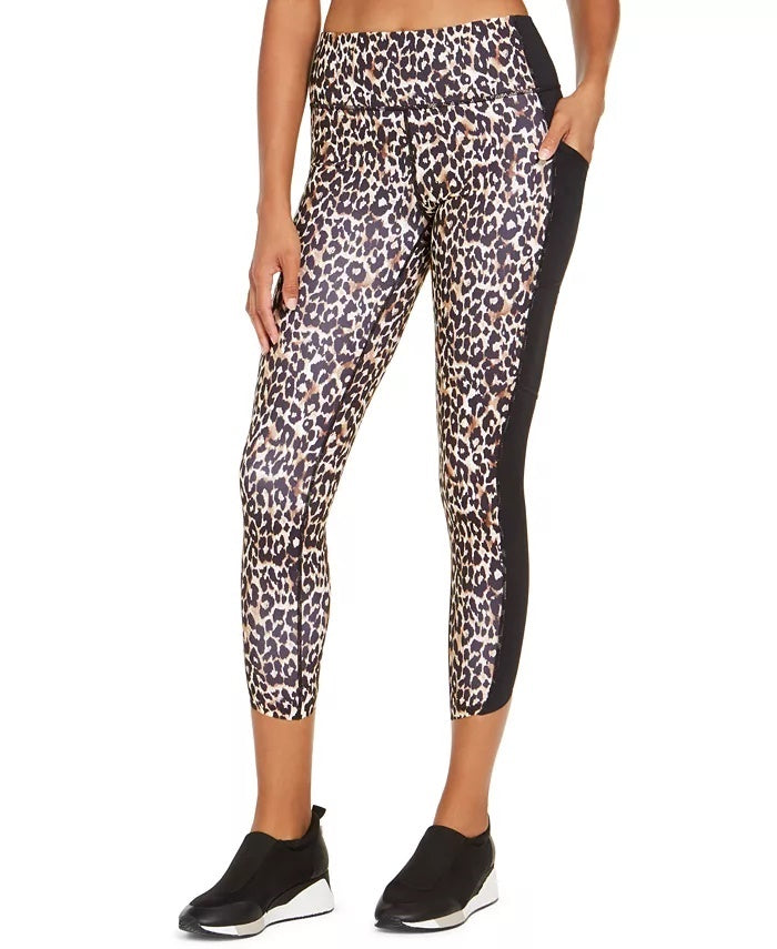 Leggings femininas com estampa de leopardo e blocos de cores Ideology, bege, cáqui, tamanho XX-G