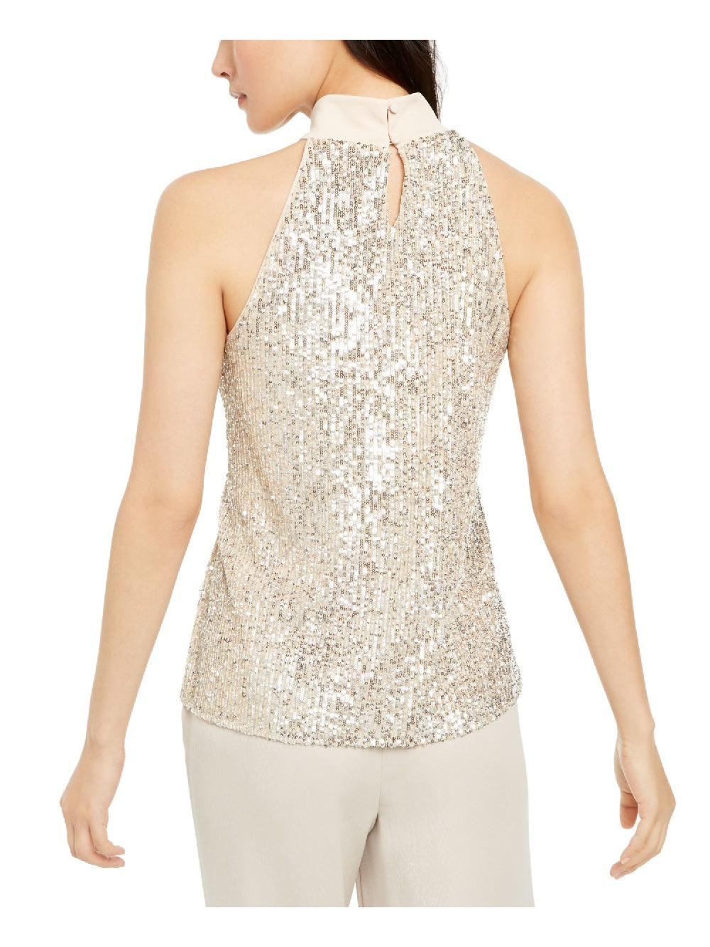 Blusa feminina Alfani com gola alta e lantejoulas, bege, tamanho XXG