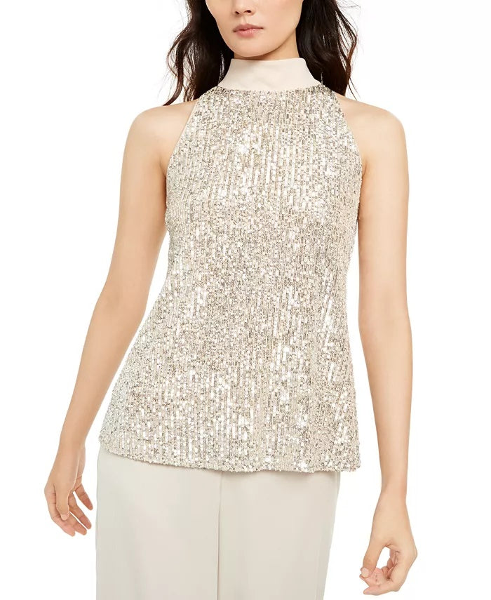 Blusa feminina Alfani com gola alta e lantejoulas, bege, tamanho XXG