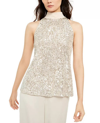 Blusa feminina Alfani com gola alta e lantejoulas, bege, tamanho XXG