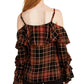 Blusa xadrez feminina com babados e ombros descobertos, preta, tamanho grande, da INC International Concepts