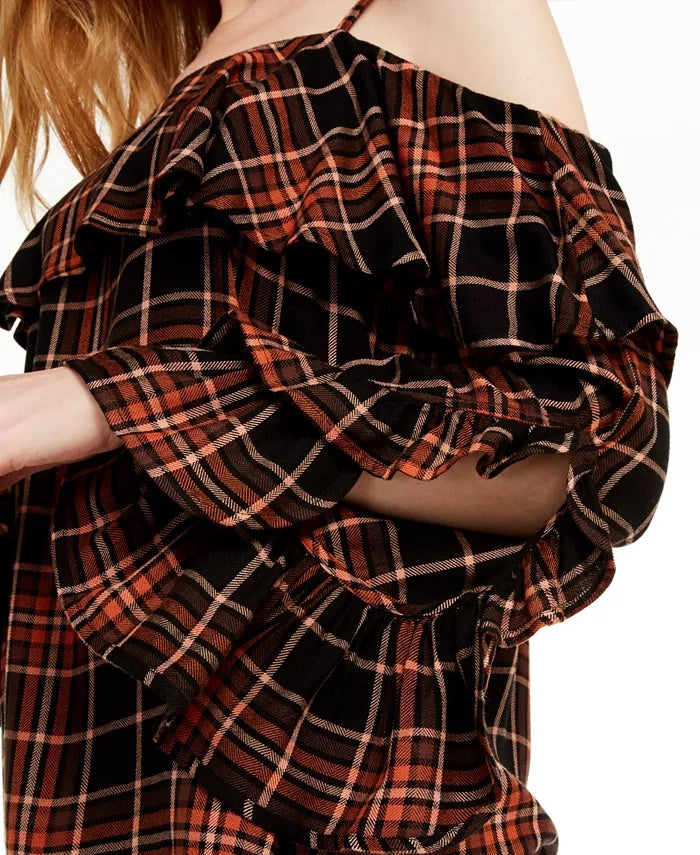 Blusa xadrez feminina com babados e ombros descobertos, preta, tamanho grande, da INC International Concepts
