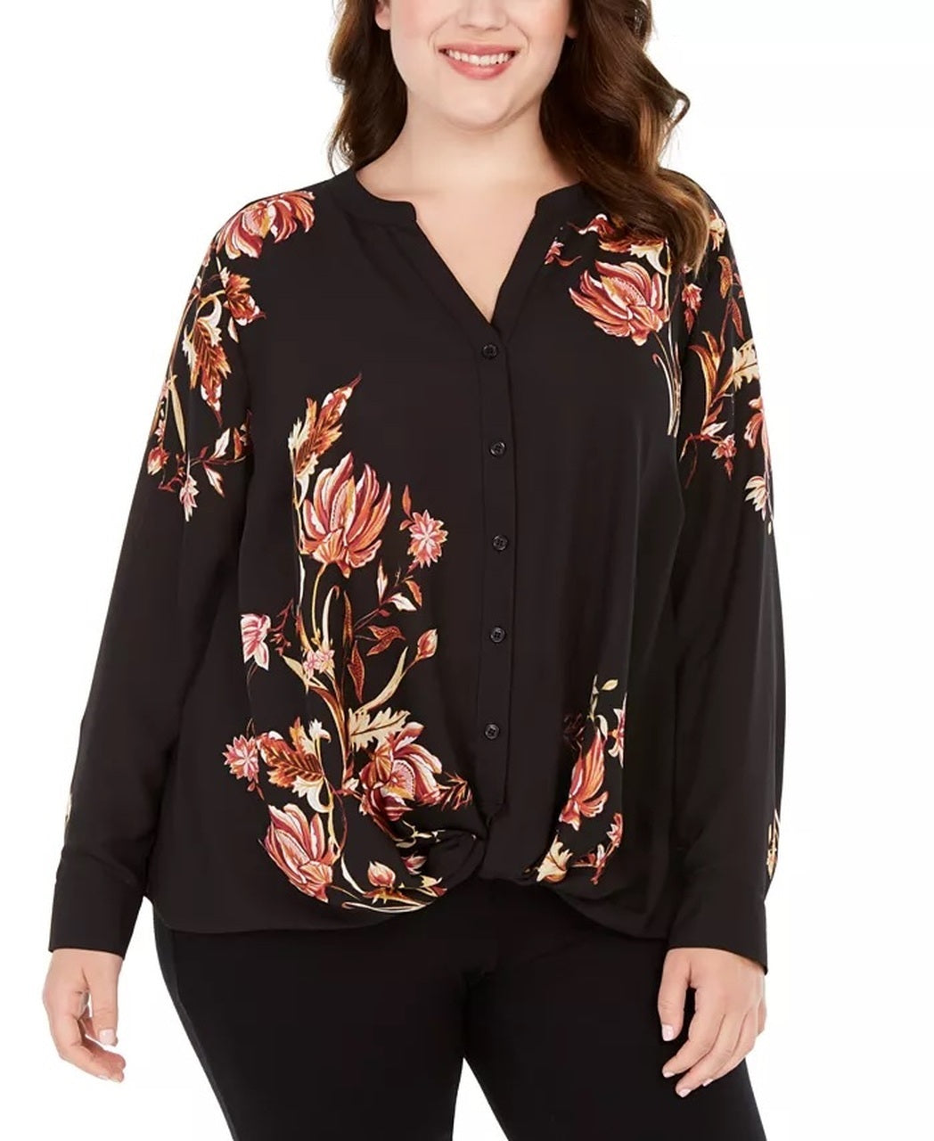 Blusa feminina com estampa floral e bainha torcida da INC International Concepts, preta, tamanho 4X