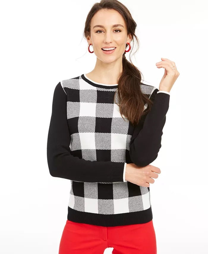 Suéter feminino Charter Club Buffalo Check Family, branco, tamanho XX-G