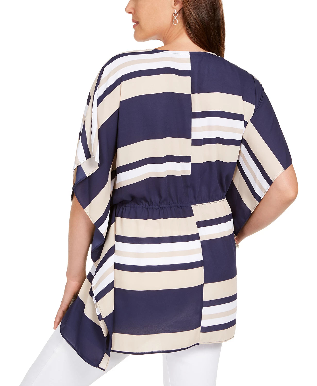 Poncho feminino listrado com amarração na cintura, tamanho médio, azul, Charter Club