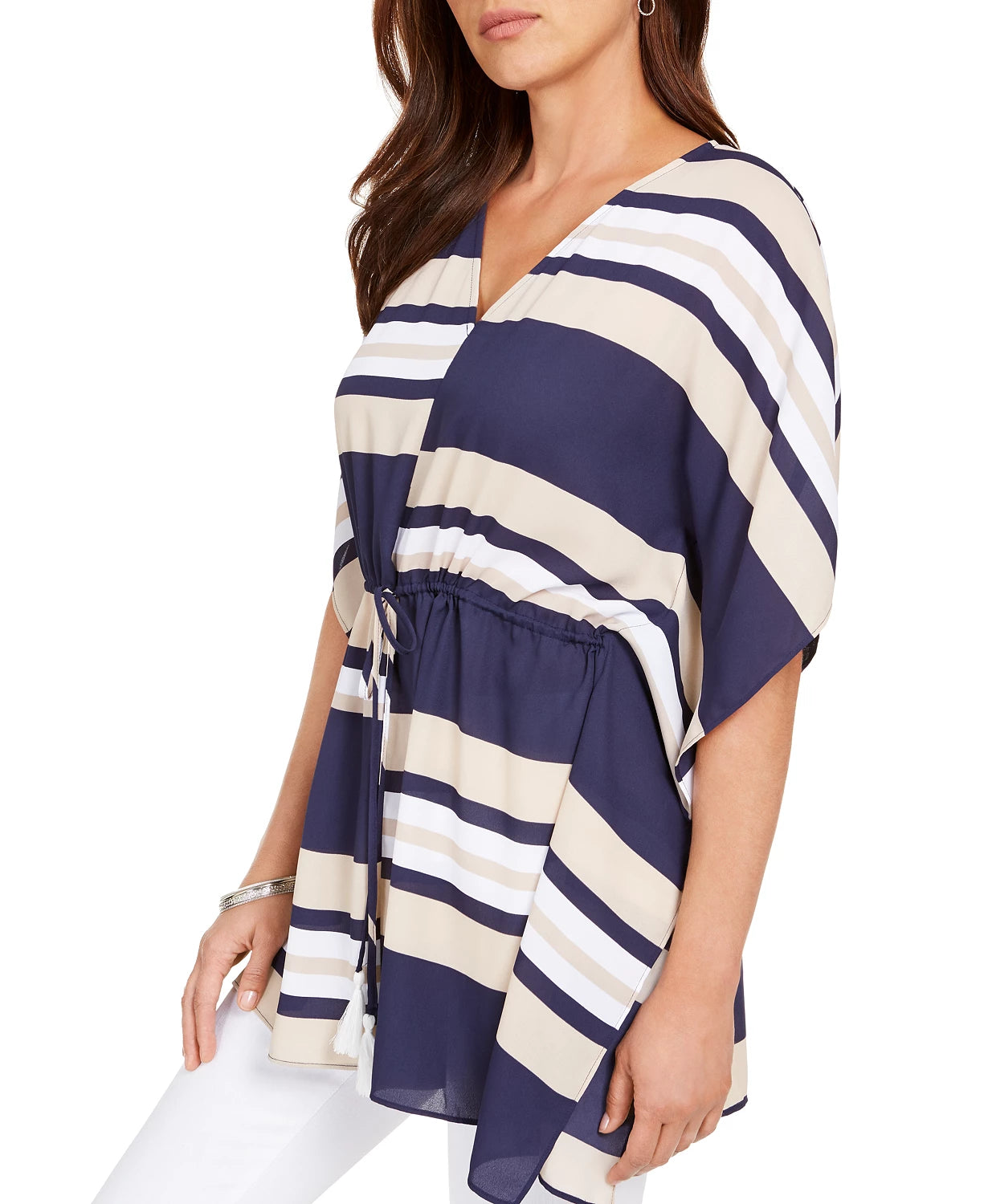 Poncho feminino listrado com amarração na cintura, tamanho médio, azul, Charter Club