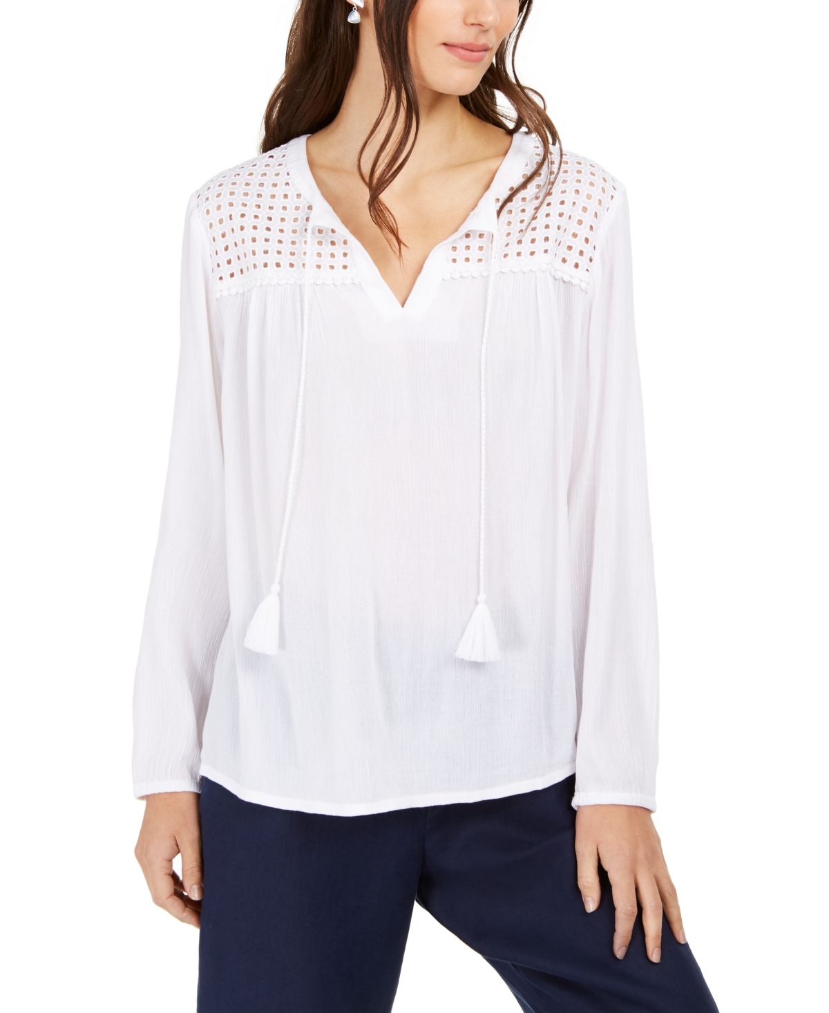 Charter Club Blusa de linho feminina com ilhós e gravata borla, branca, tamanho grande