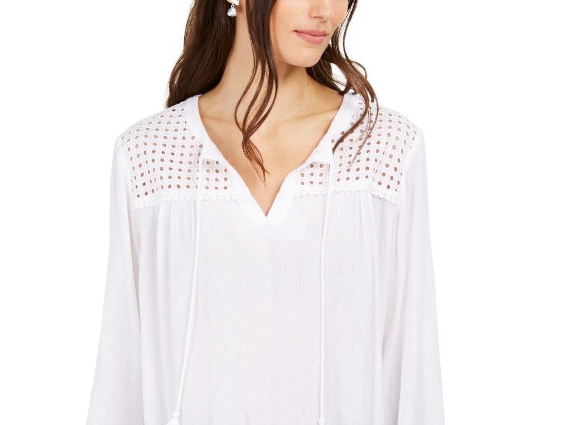 Charter Club Blusa de linho feminina com ilhós e gravata borla, branca, tamanho grande
