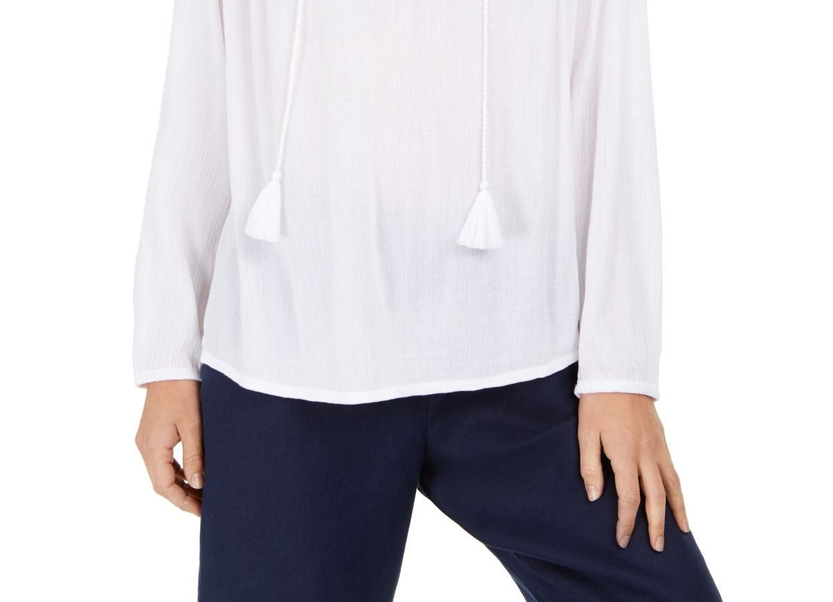 Charter Club Blusa de linho feminina com ilhós e gravata borla, branca, tamanho grande