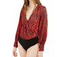 Body feminino Bar III com estampa de sobrepeliz, gola alta e manga comprida, vermelho escuro, tamanho pequeno
