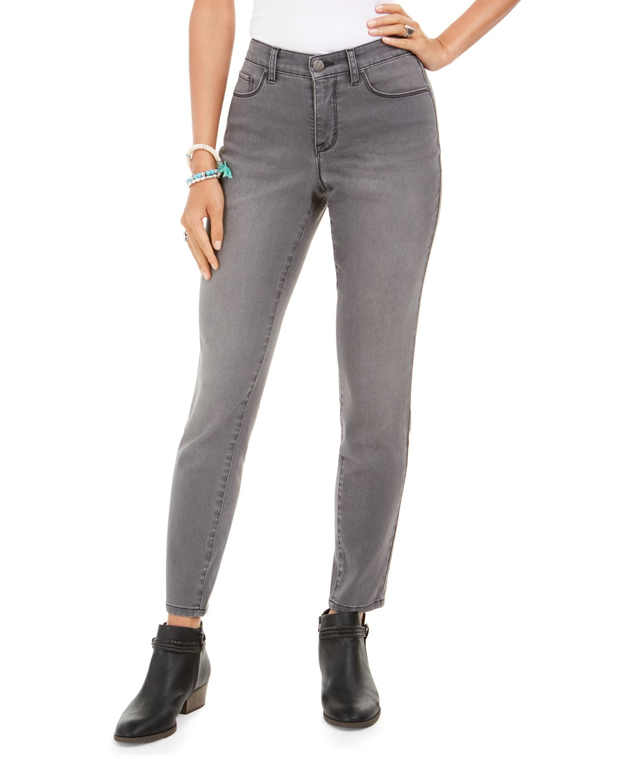 Jeans Curvy Fit Skinny com Bolso Brilhante, Tamanho 4, Cinza Escuro, Estilo &amp; Co Feminino