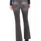 Calça jeans feminina estilo bootcut com bolso bordado e lavagem clara, preta, tamanho 4