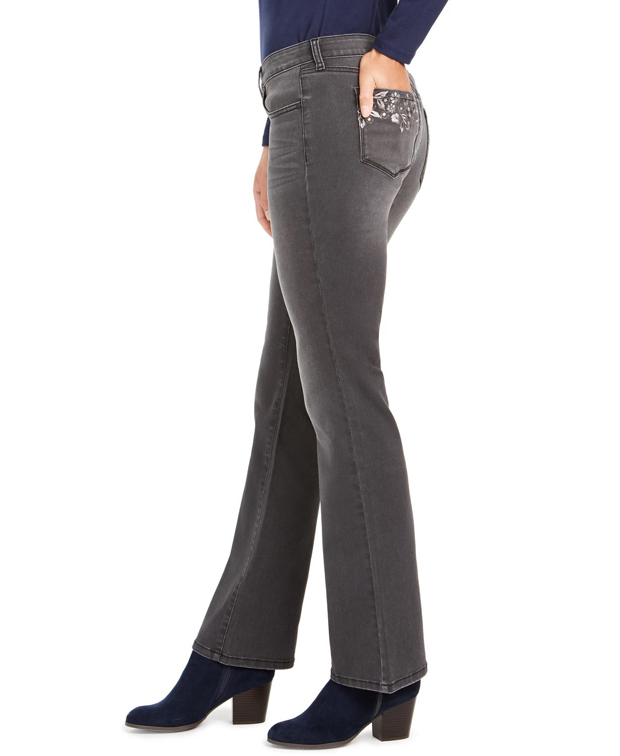 Calça jeans feminina estilo bootcut com bolso bordado e lavagem clara, preta, tamanho 4