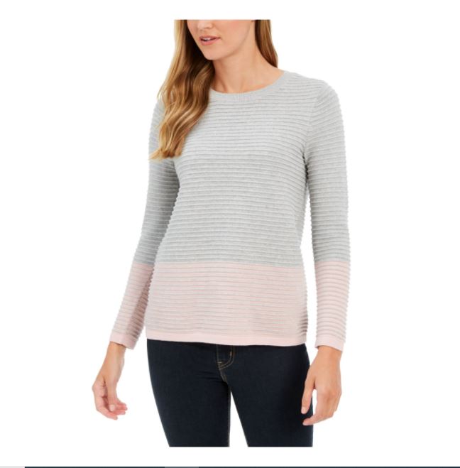 Blusa feminina Charter Club mesclada, manga comprida, gola redonda, cinza, tamanho médio
