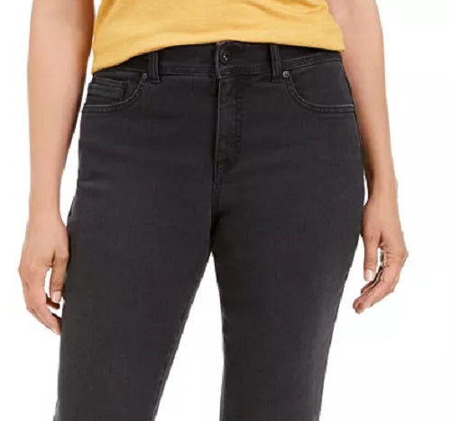 Calça jeans feminina estilo curvilíneo com perna reta, cinza escuro, tamanho 14