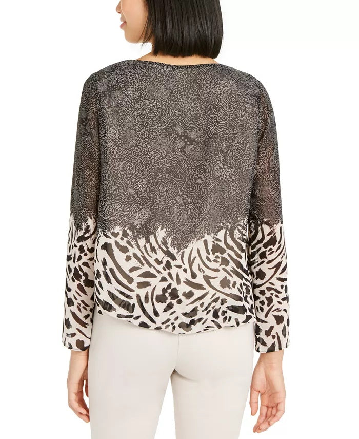 Blusa feminina Alfani com estampa de anjo e manga bufante, preta, tamanho pequeno