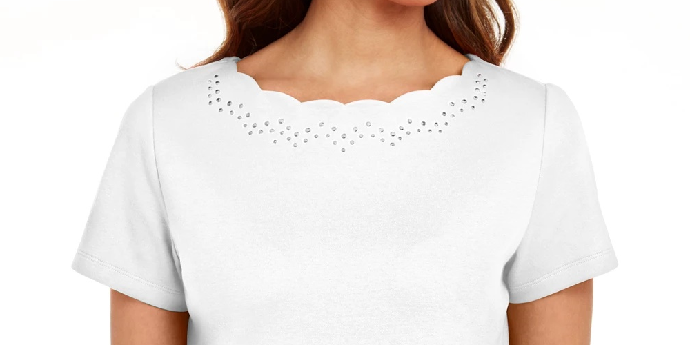 Camiseta feminina Karen Scott de algodão com gola recortada, branca, tamanho grande