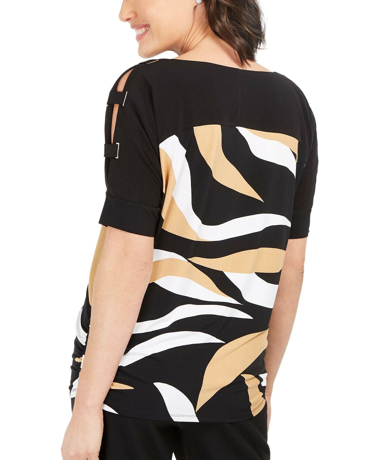 Túnica estampada com mangas e tiras da coleção feminina JM, preta, tamanho grande