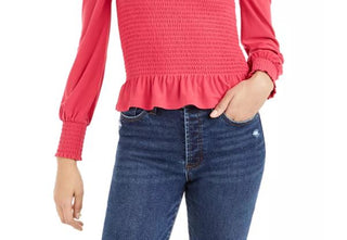 Blusa feminina Bar III com decote quadrado e franzido, vermelha, tamanho grande