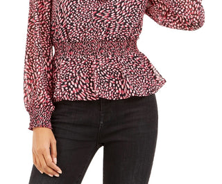 Blusa feminina Bar III com estampa ditsy, costas baixas e babados, vermelho escuro, tamanho grande