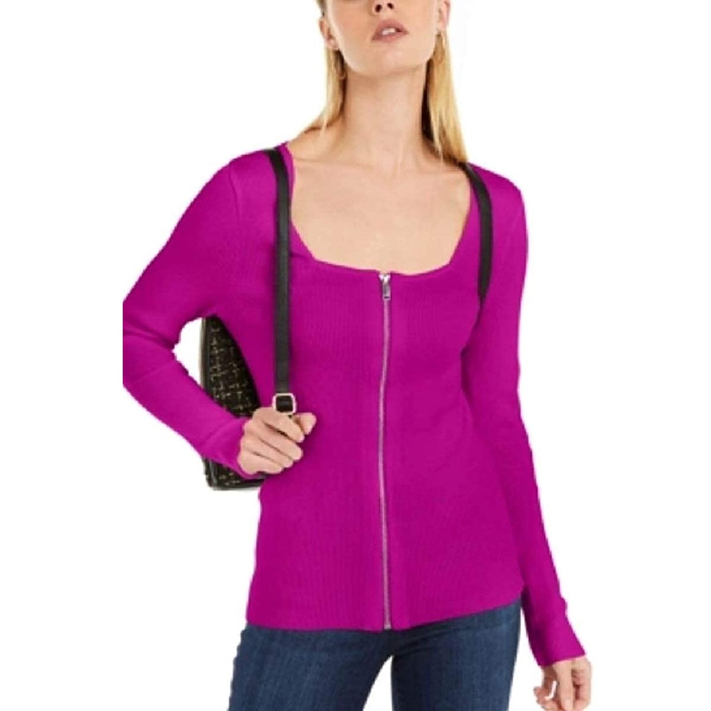 Suéter feminino com gola quadrada e zíper frontal, INC International Concepts, rosa, tamanho médio