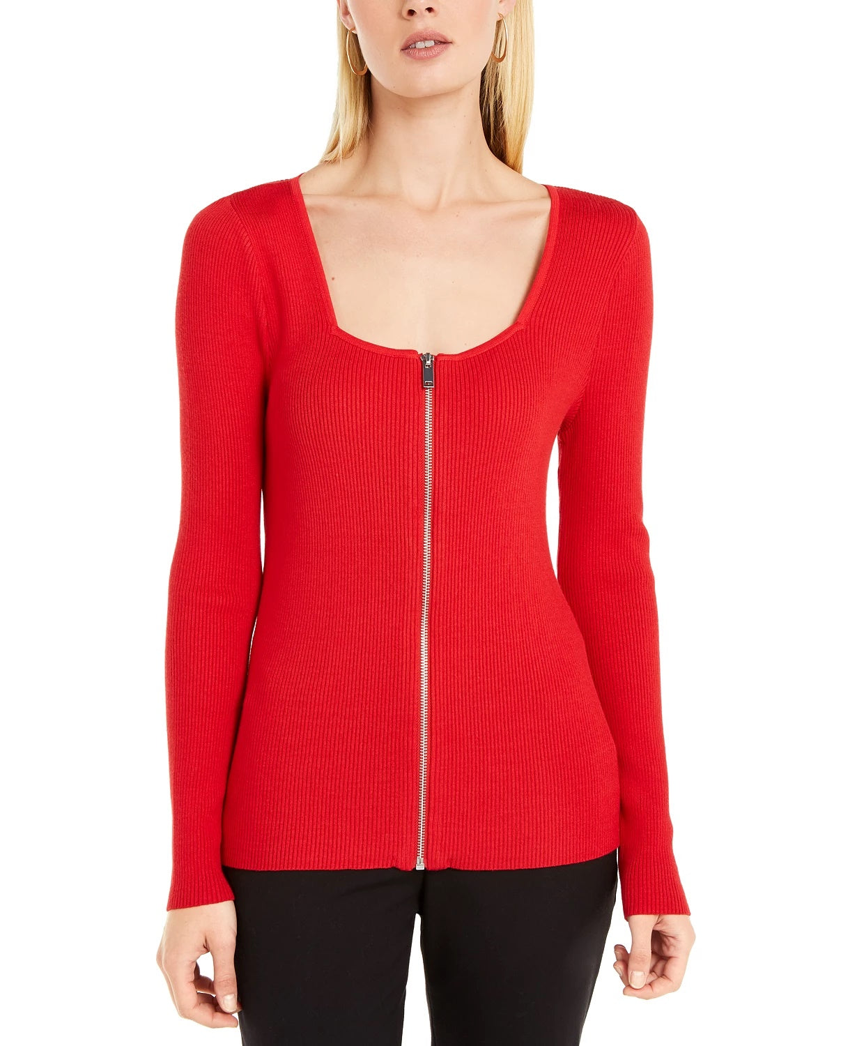 Suéter feminino INC International Concepts com gola quadrada e zíper frontal, tamanho médio, vermelho, extra pequeno