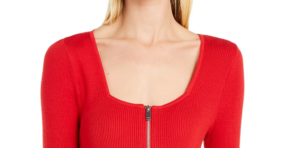 Suéter feminino INC International Concepts com gola quadrada e zíper frontal, tamanho médio, vermelho, extra pequeno