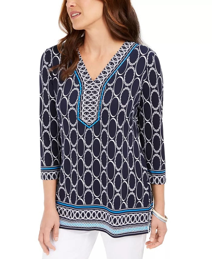 Túnica estampada feminina JM Collection, azul marinho, tamanho X-S