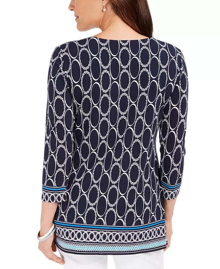 Túnica estampada feminina JM Collection, azul marinho, tamanho X-S