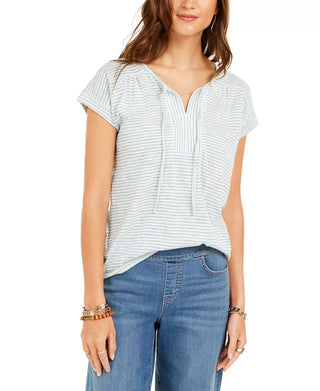Blusa listrada com decote em V e amarração Style &amp; Co feminina, tamanho P, azul