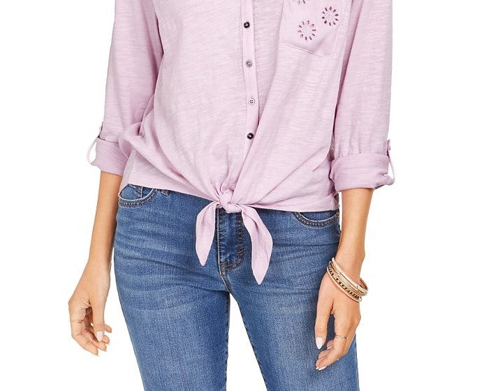 Blusa feminina estilo &amp; co com bolsos e amarração frontal, roxa, tamanho pequeno