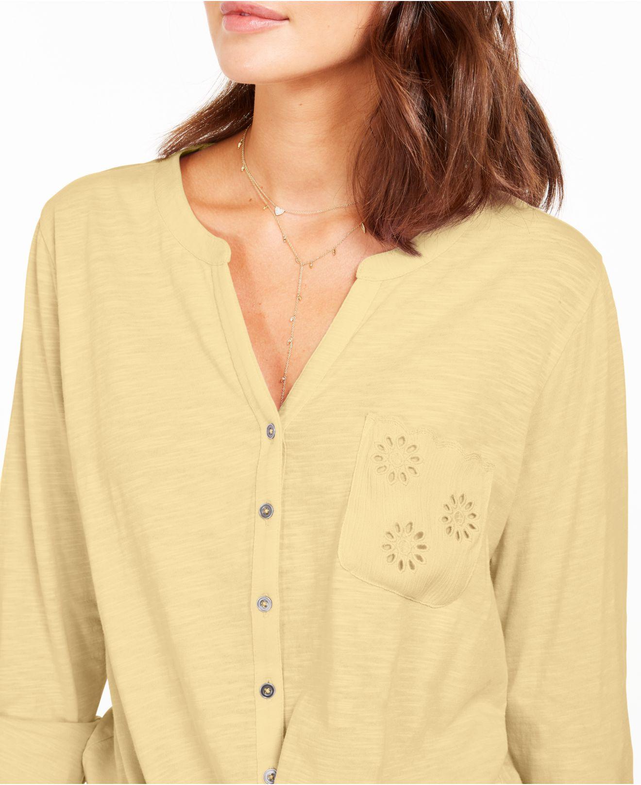 Blusa feminina com bolsos e ilhós e amarração frontal, tamanho médio, amarela, da Style &amp; Co