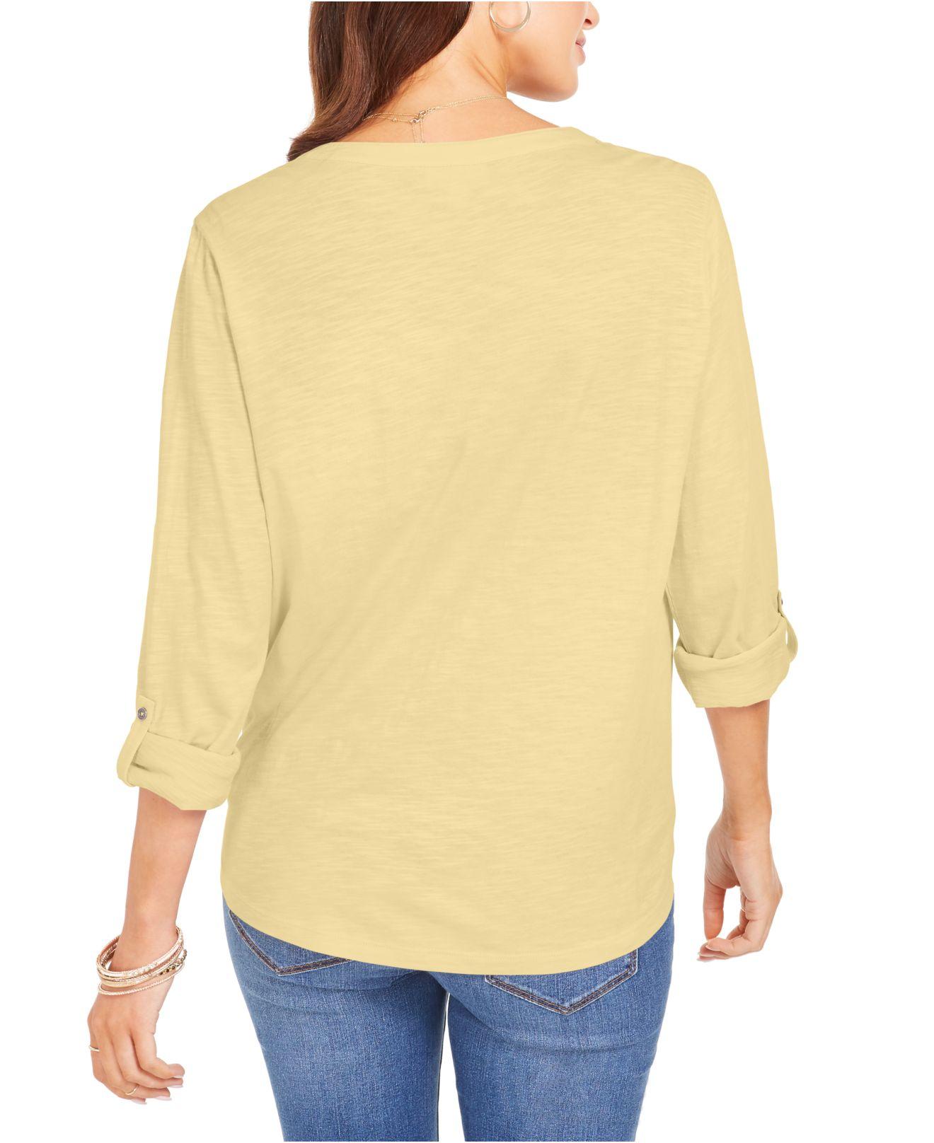 Blusa feminina com bolsos e ilhós e amarração frontal, tamanho médio, amarela, da Style &amp; Co