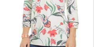 Túnica feminina de malha com manga 3/4 e estampa paisley Charter Club, branca, tamanho pequeno