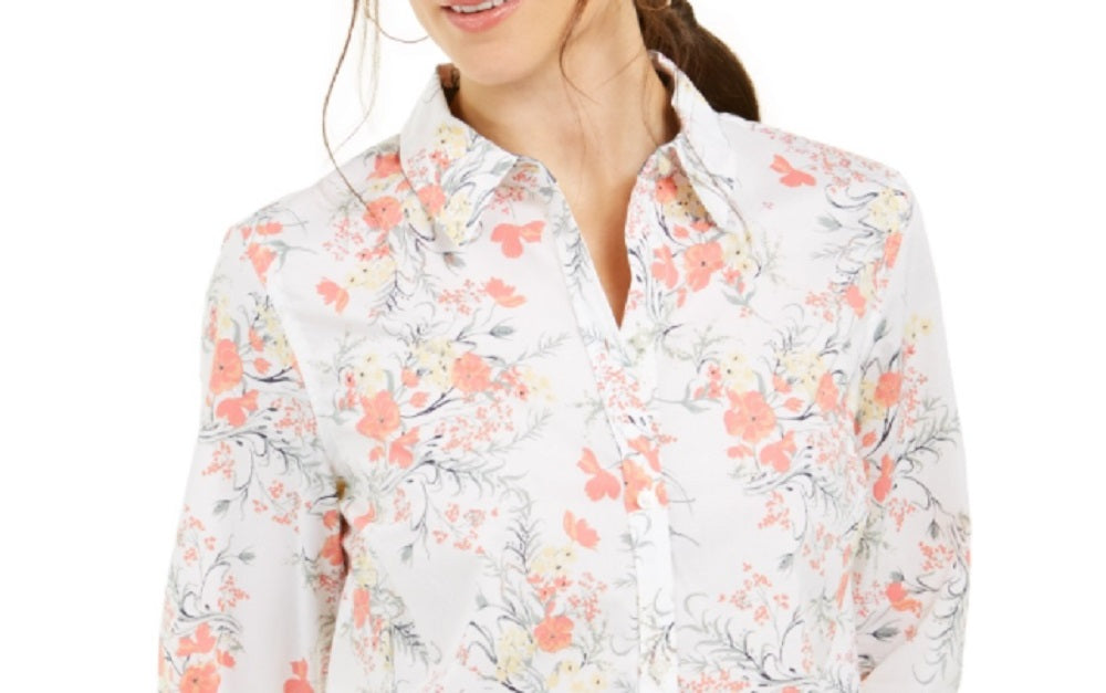 Camisa feminina de algodão com estampa floral Charter Club, branca, tamanho pequeno