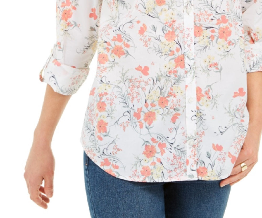 Camisa feminina de algodão com estampa floral Charter Club, branca, tamanho pequeno