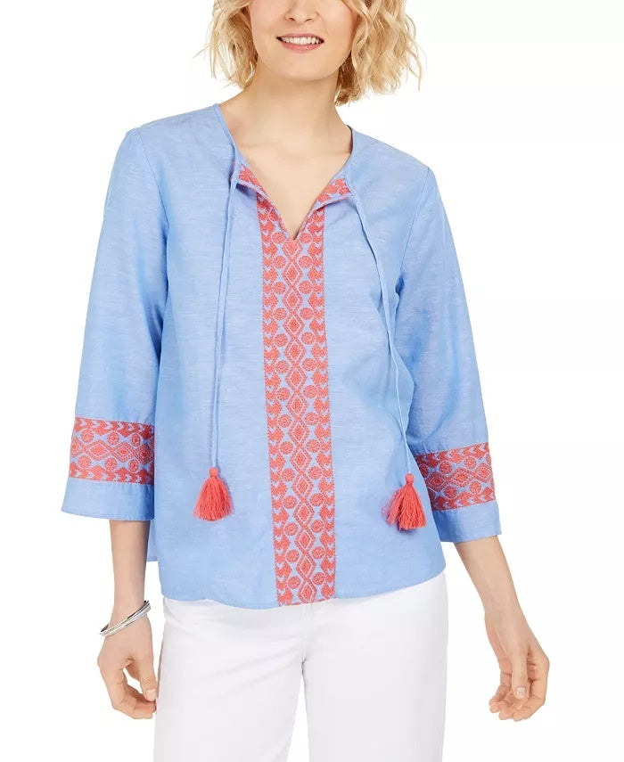 Blusa feminina bordada com borlas Charter Club, azul, tamanho pequeno